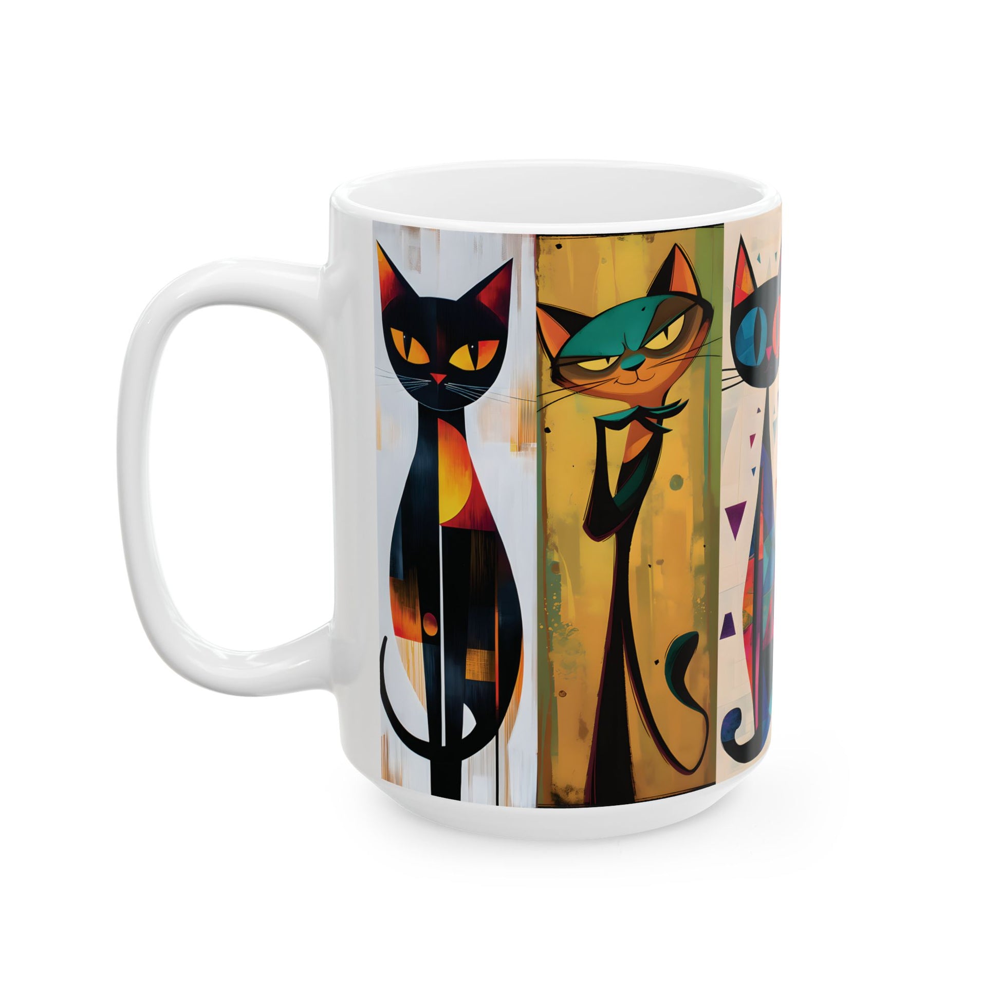 Colorful Artistic Cat Ceramic Mug (15oz) — Whimsical Geometric Feline Coffee Cup