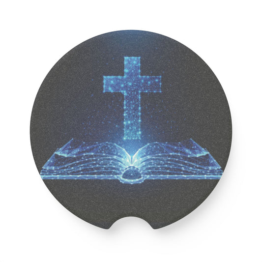 Soapstone Car Coaster - Blue Cross & Open Bible Religious Car Cup Holder Coaster