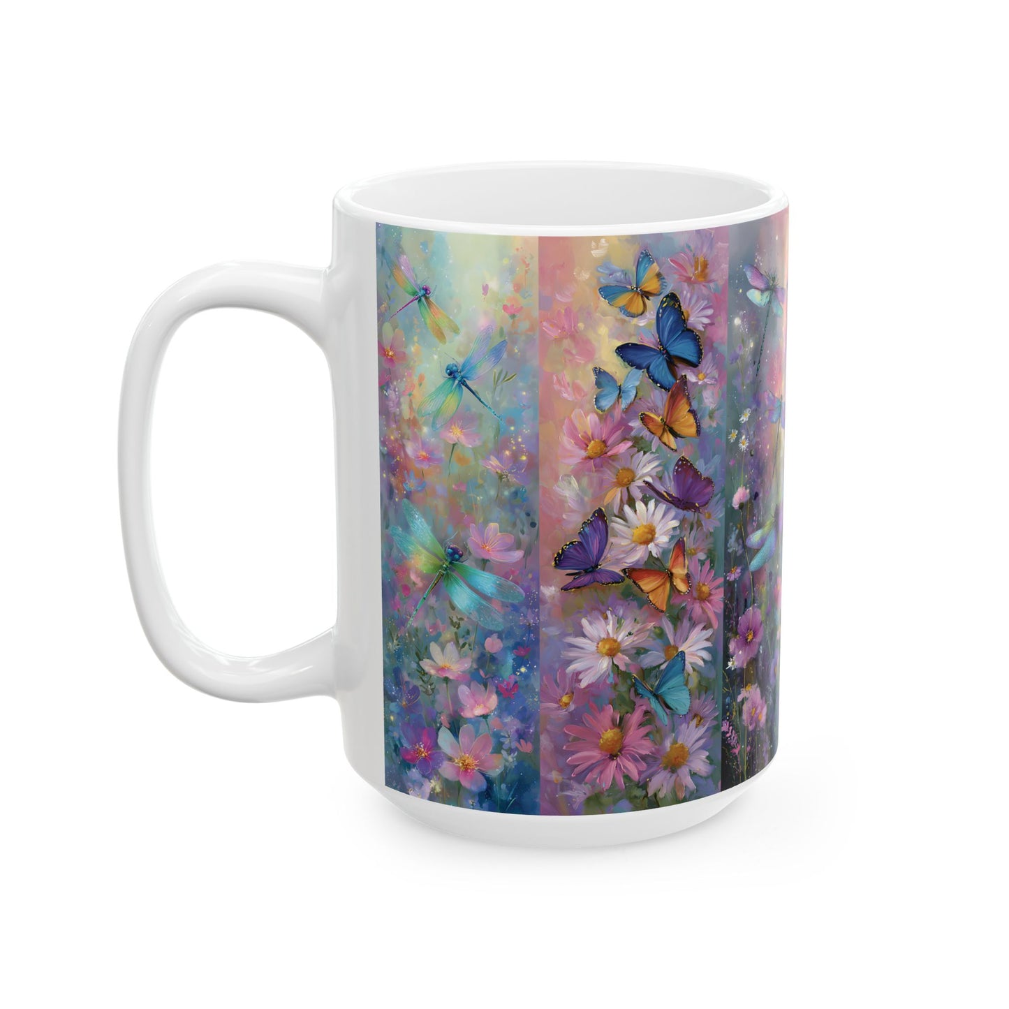 Floral Dragonfly And Butterfly Ceramic Mug — Colorful Dream Garden Coffee Cup (15oz)