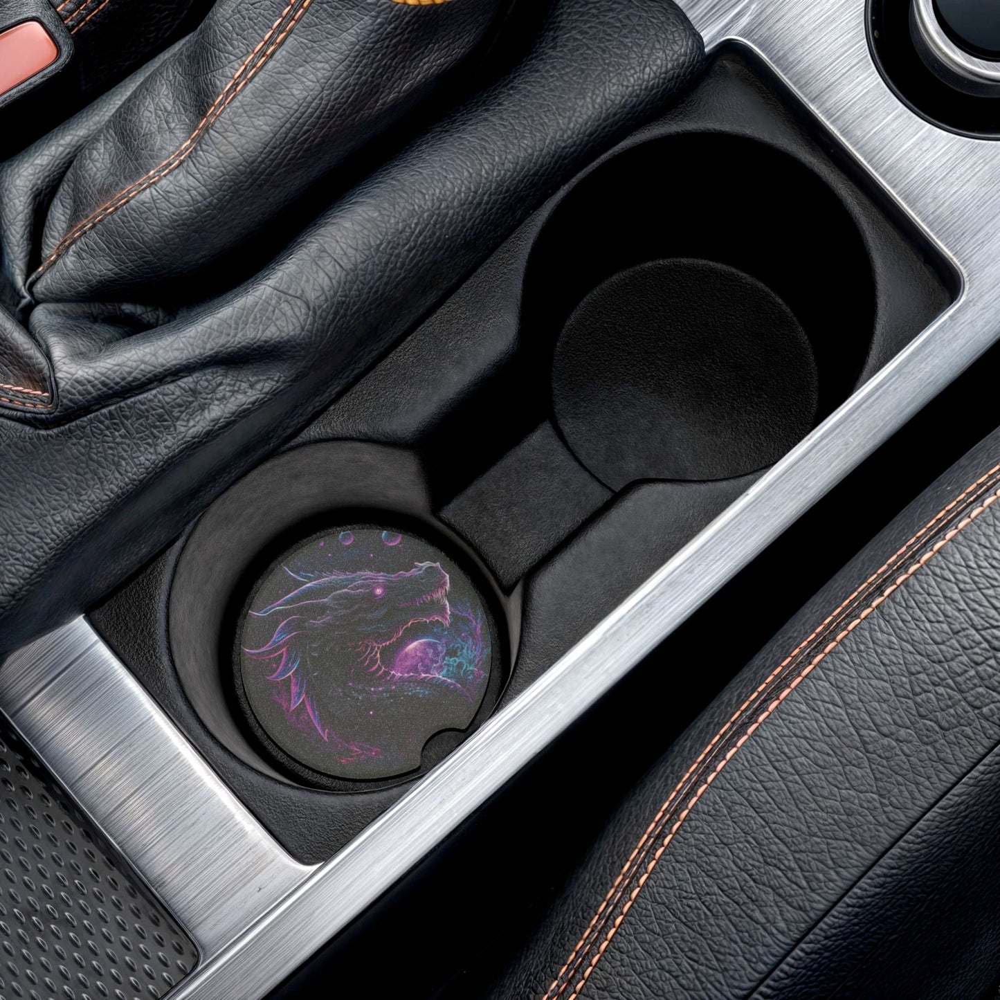 Dragon Galaxy Soapstone Car Coaster — Neon Cosmic Dragon Cup Holder Protector