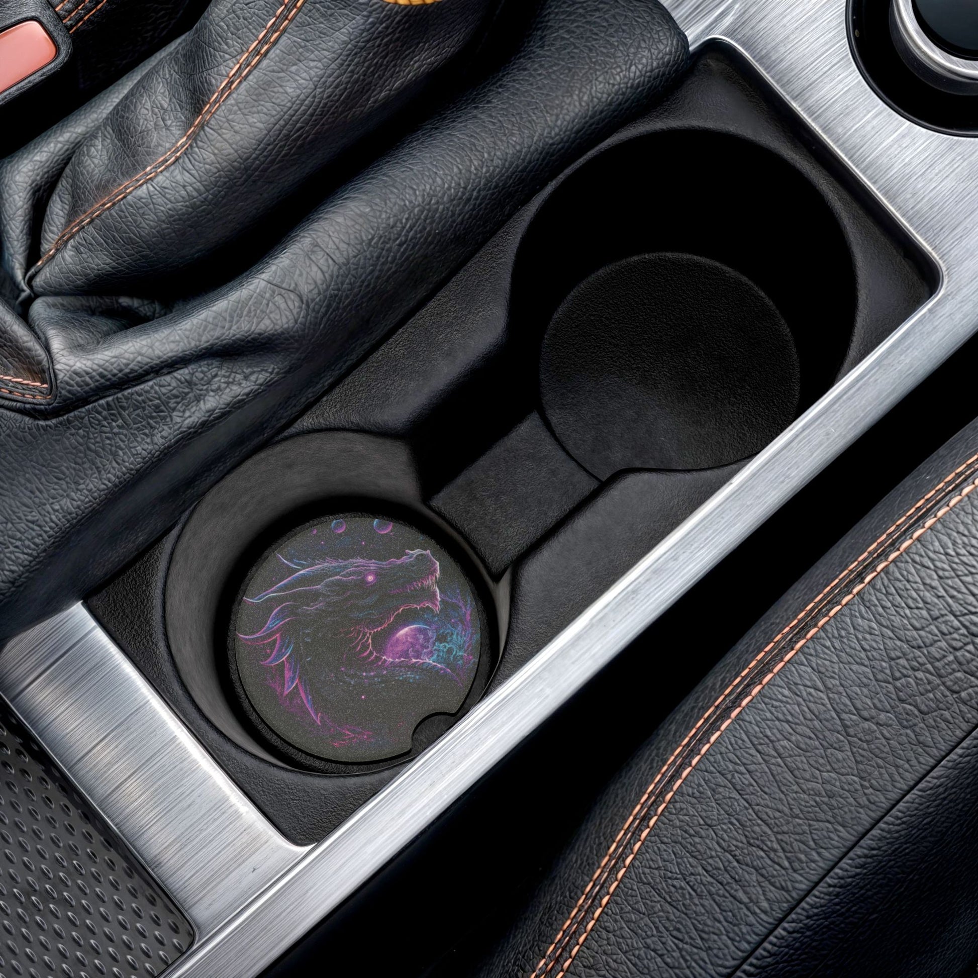 Dragon Galaxy Soapstone Car Coaster — Neon Cosmic Dragon Cup Holder Protector