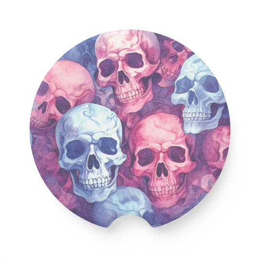 Skull Pattern Soapstone Car Coaster — Colorful Watercolor Skull Drink Holder Protector