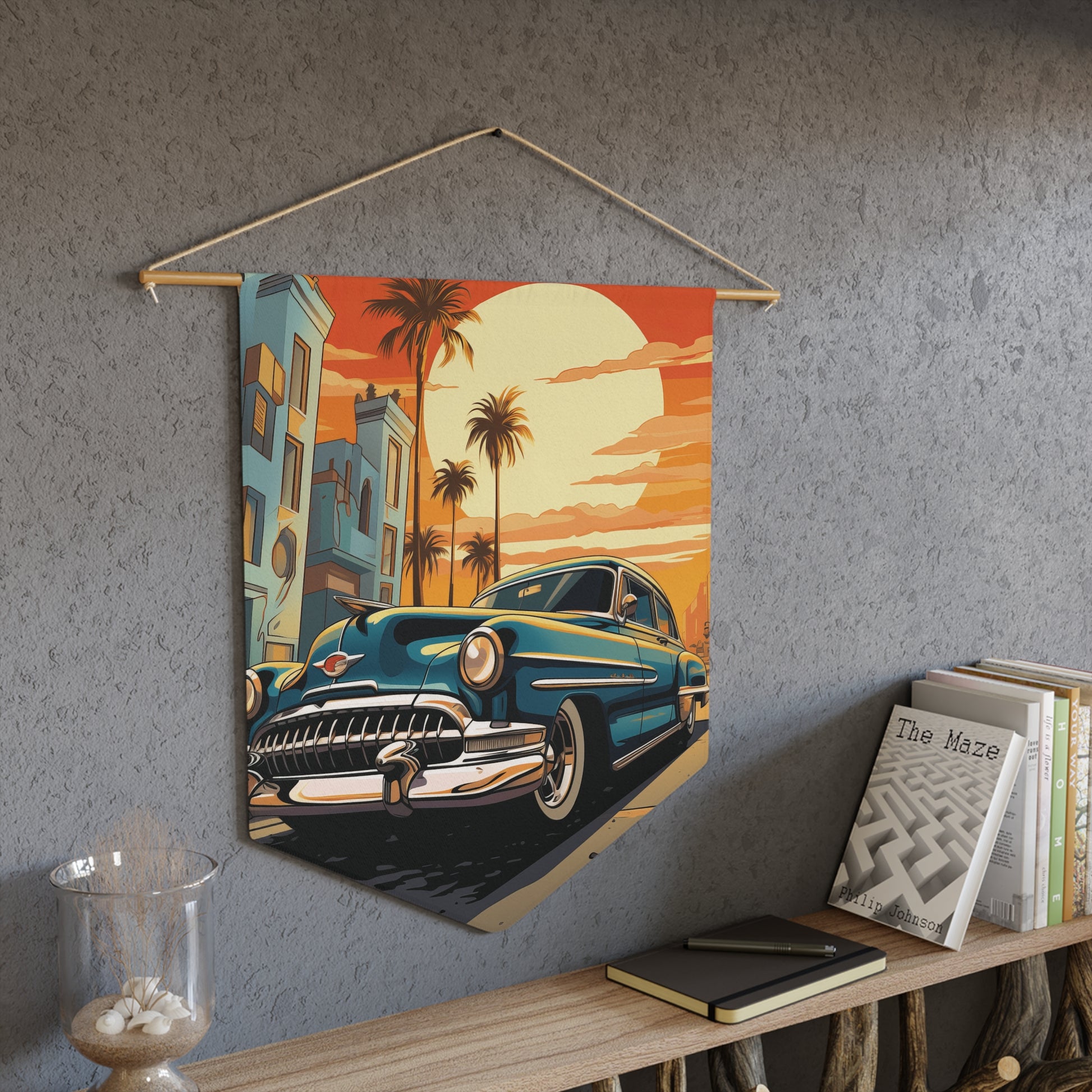 Vintage Sunset Classic Car Pennant — Retro Palm Beach Roadtrip Wall Banner