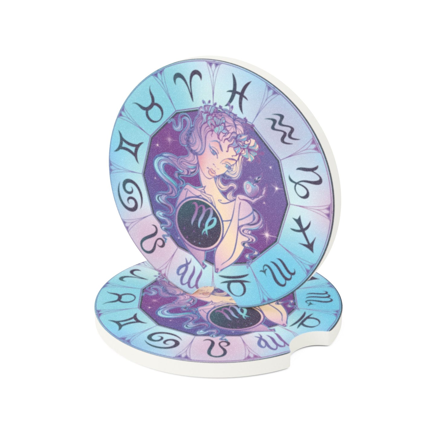 Virgo Zodiac Soapstone Car Coaster — Pastel Astrology Car Cup Holder Mat