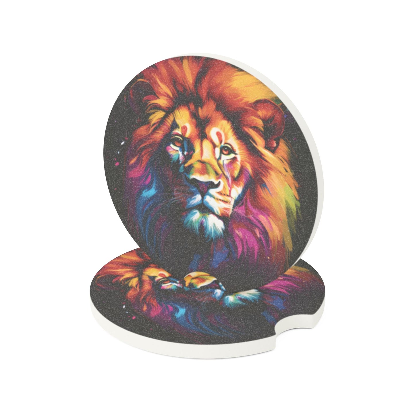 Lion Art Soapstone Car Coaster — Colorful Neon Lion Car Drink Holder Protector