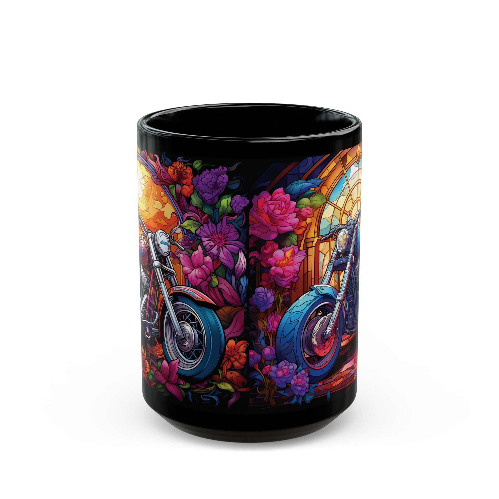 Motorcycle Stained Glass Black Mug — Colorful Cruiser Bike Coffee Cup (15oz)
