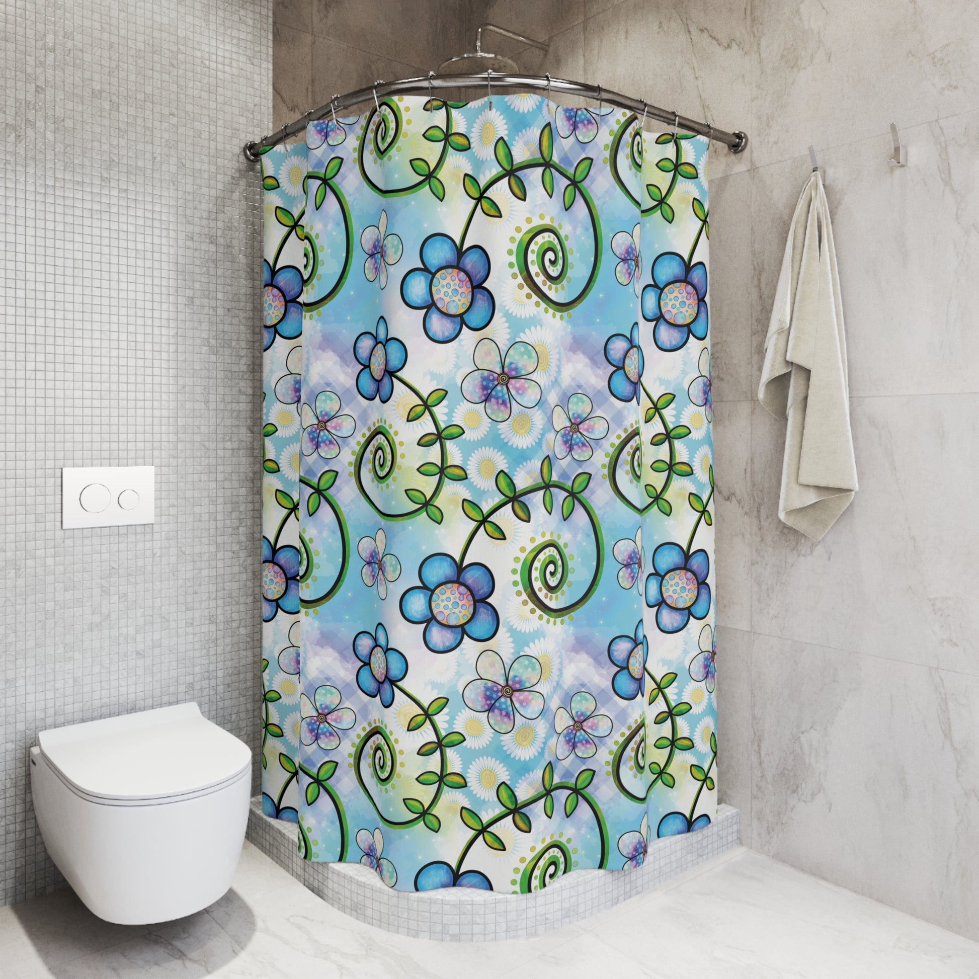 Blue Whimsy Floral Shower Curtain — Playful Swirl & Flower Bathroom Decor