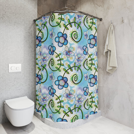 Blue Whimsy Floral Shower Curtain — Playful Swirl & Flower Bathroom Decor