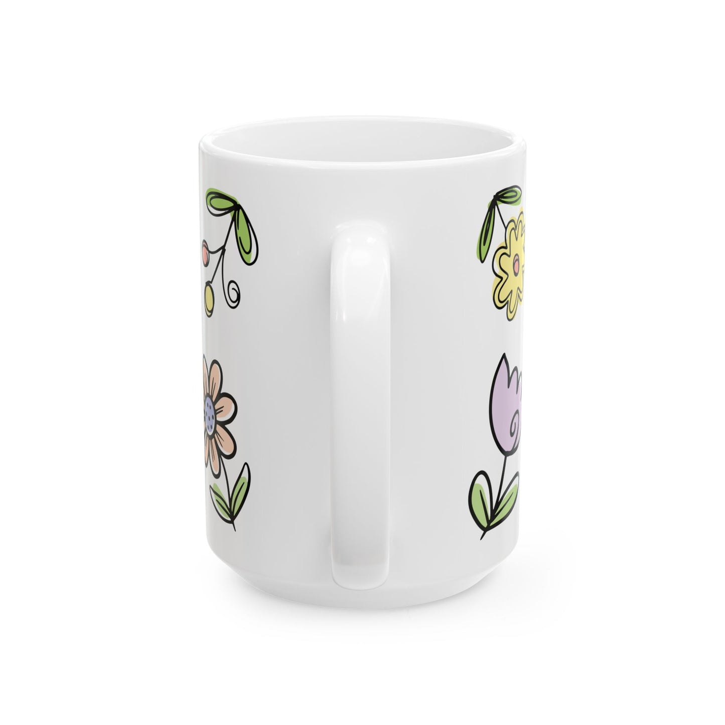 Floral Doodles Ceramic Mug — Pastel Hand-Drawn Flowers (15oz)
