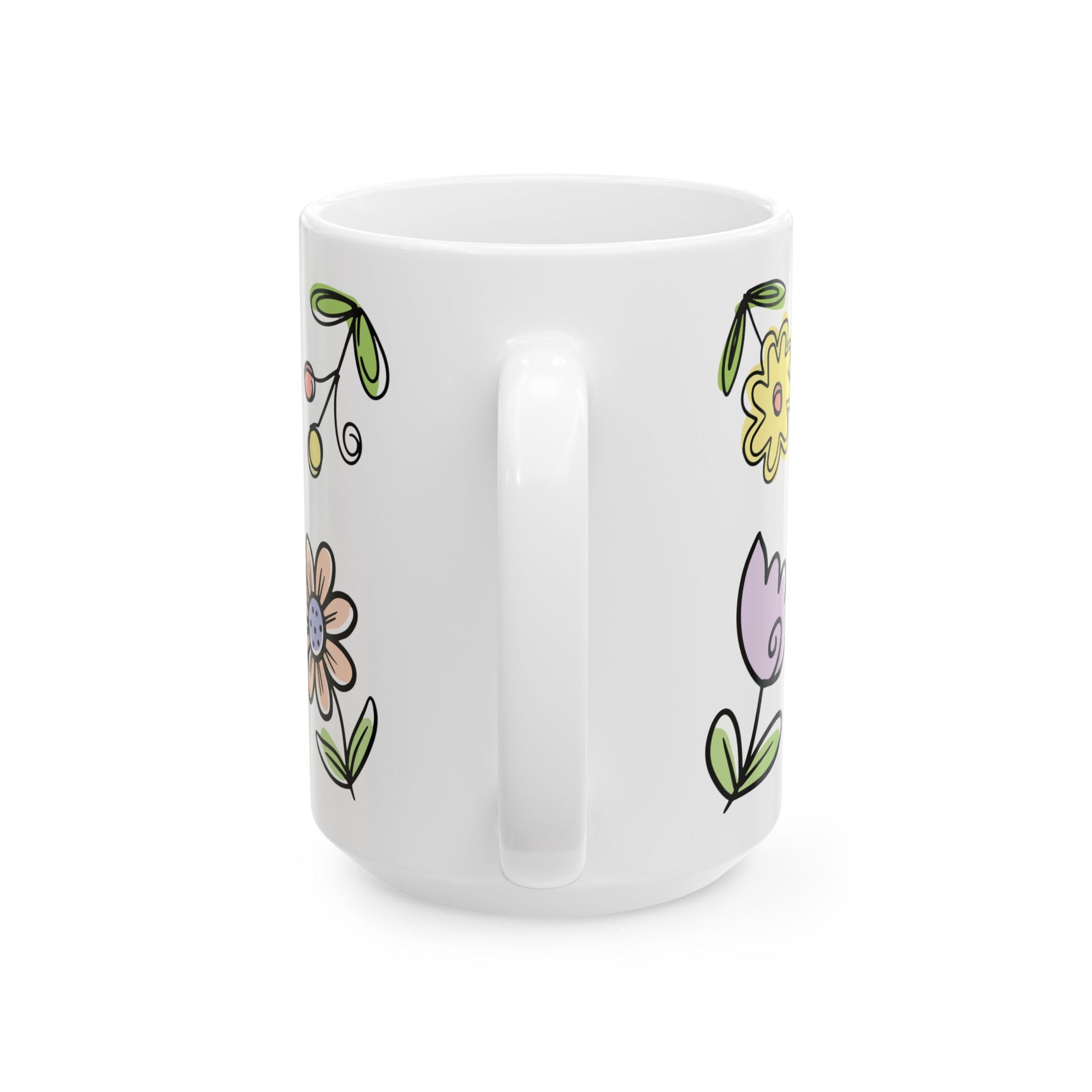 Floral Doodles Ceramic Mug — Pastel Hand-Drawn Flowers (15oz)