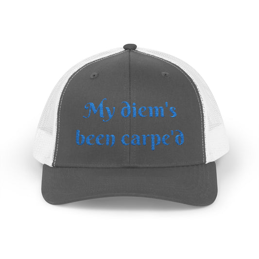 Sparkly Quote Snapback Trucker Cap-"My diem's been carpe'd"