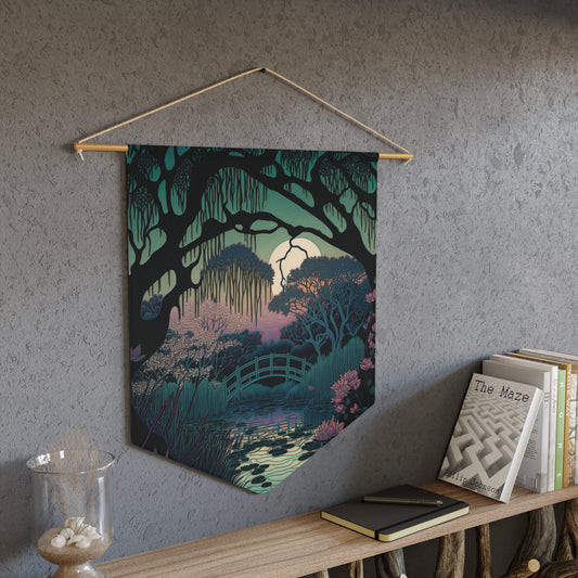 Moonlit Garden Pennant Wall Banner — Serene Bridge & Willow Nightscape