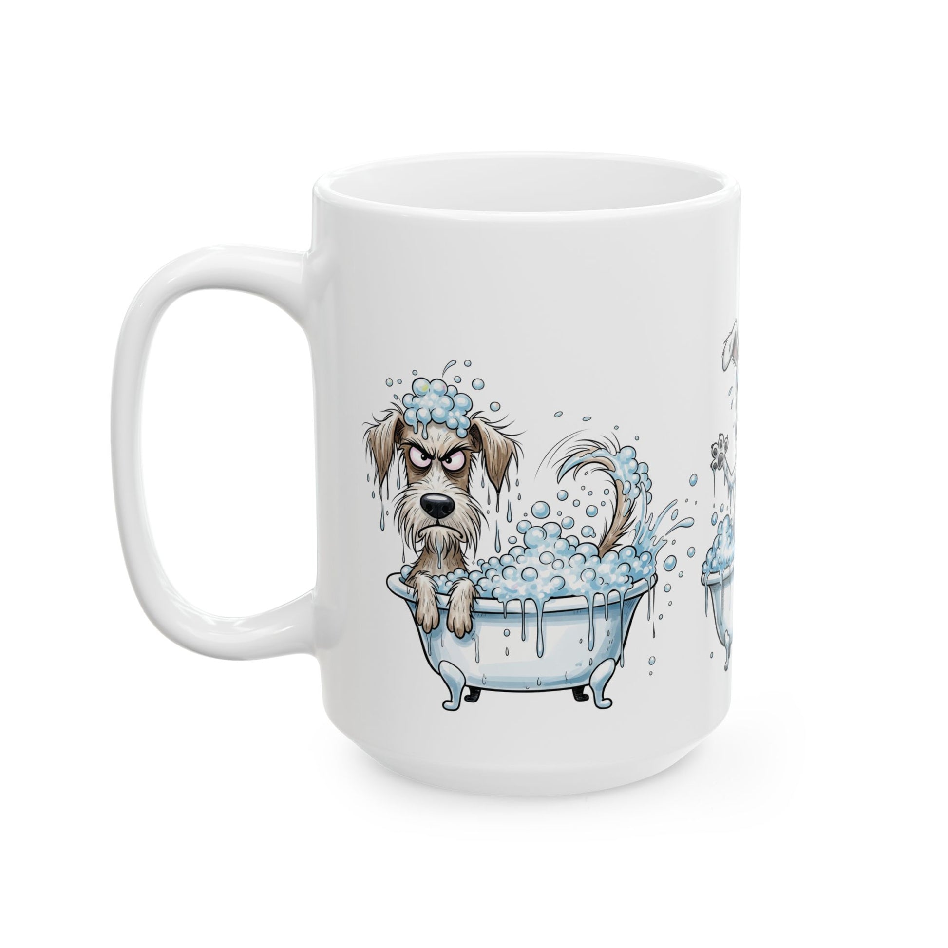 Funny Dog in Bathtub Ceramic Mug — Cute Cartoon Bath Time Coffee Cup (15oz)