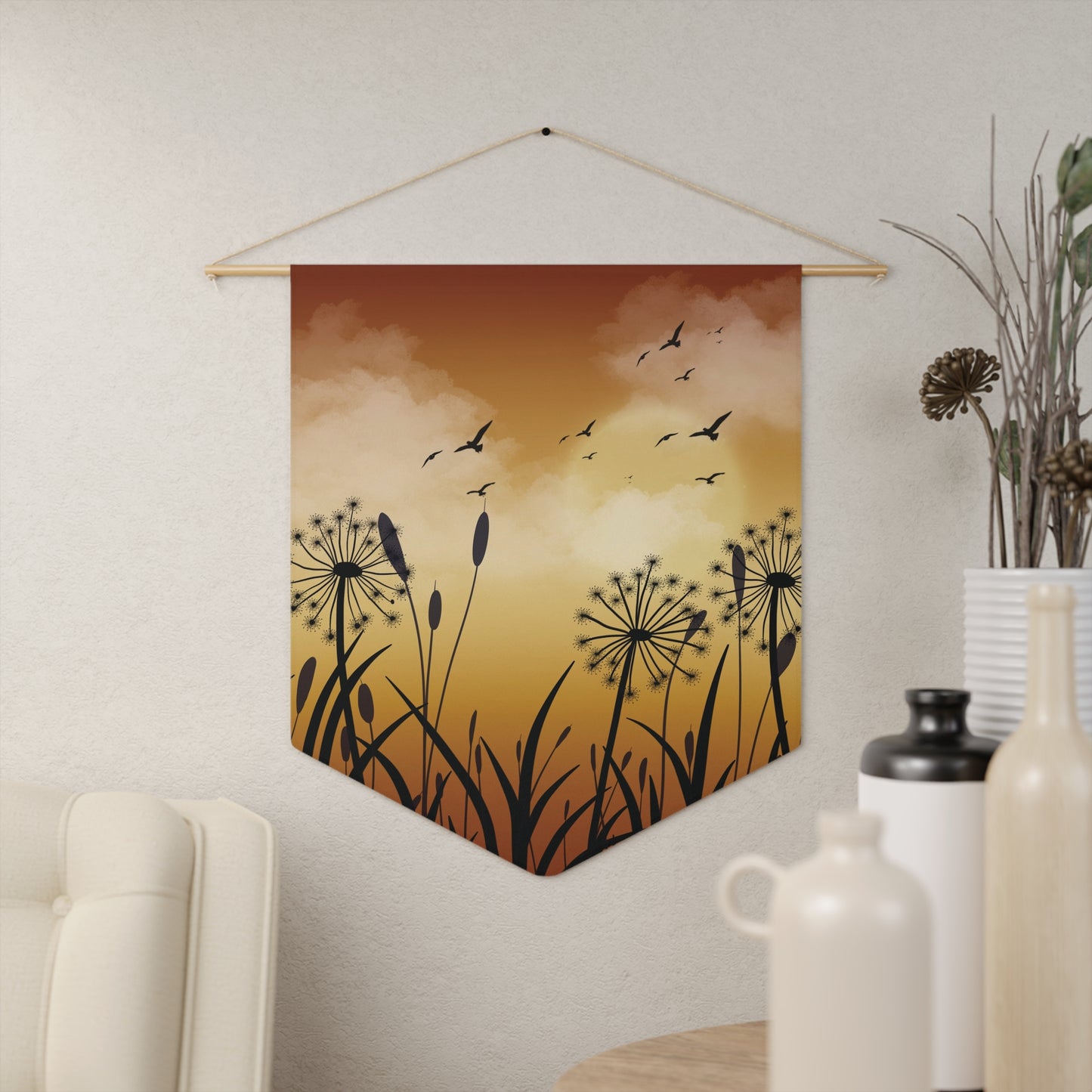 Sunset Meadow Pennant Banner — Dandelion Silhouette Wall Hanging