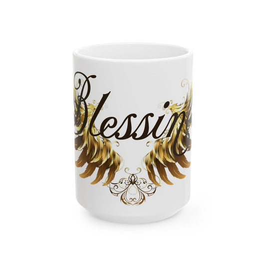 Gold Angel Wings Ceramic Mug - Inspirational "Blessings" 