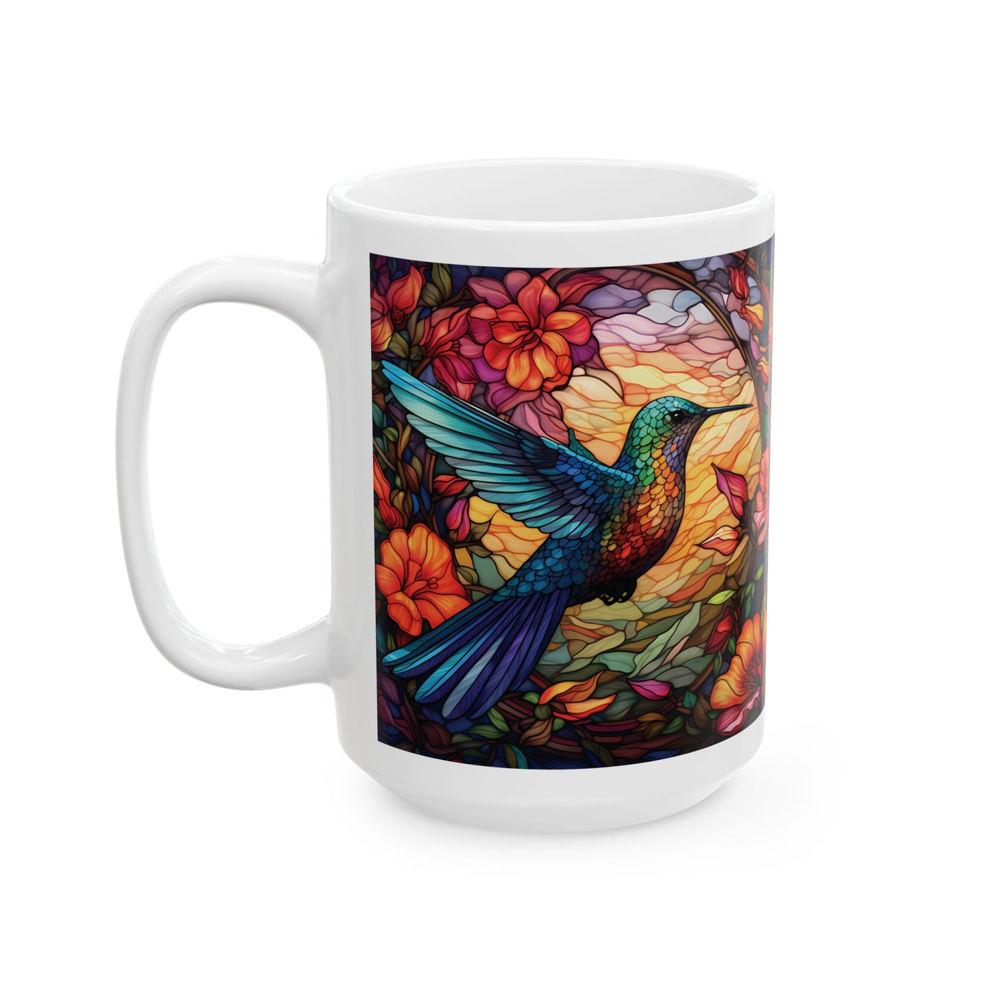 Floral Hummingbird Ceramic Mug — Vibrant Stained-Glass Nature Art (15oz)