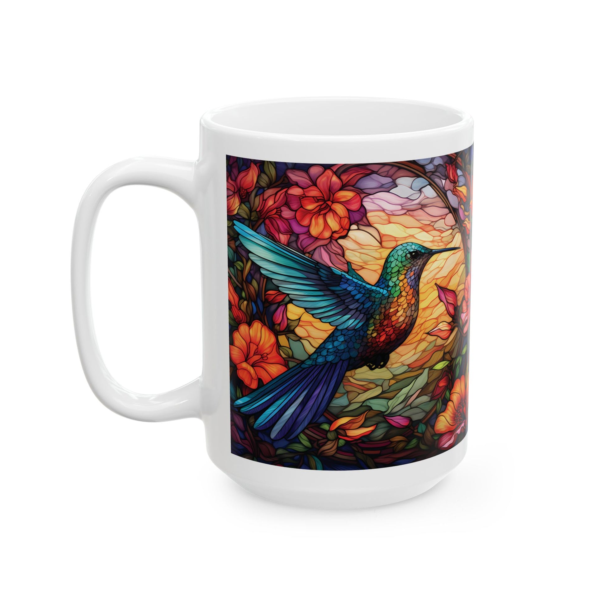 Floral Hummingbird Ceramic Mug — Vibrant Stained-Glass Nature Art (15oz)