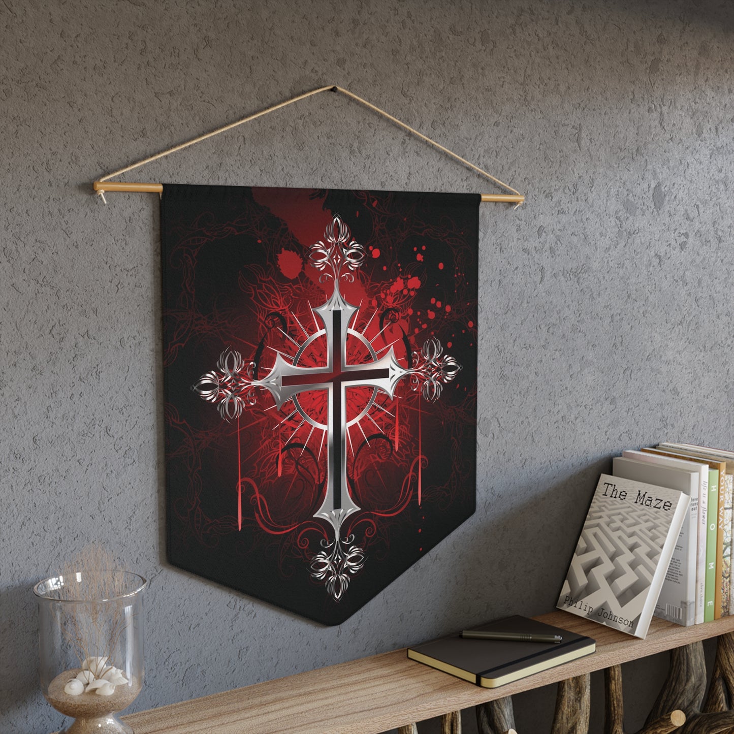 Gothic Cross Pennant Wall Banner — Red & Black Religious Decor
