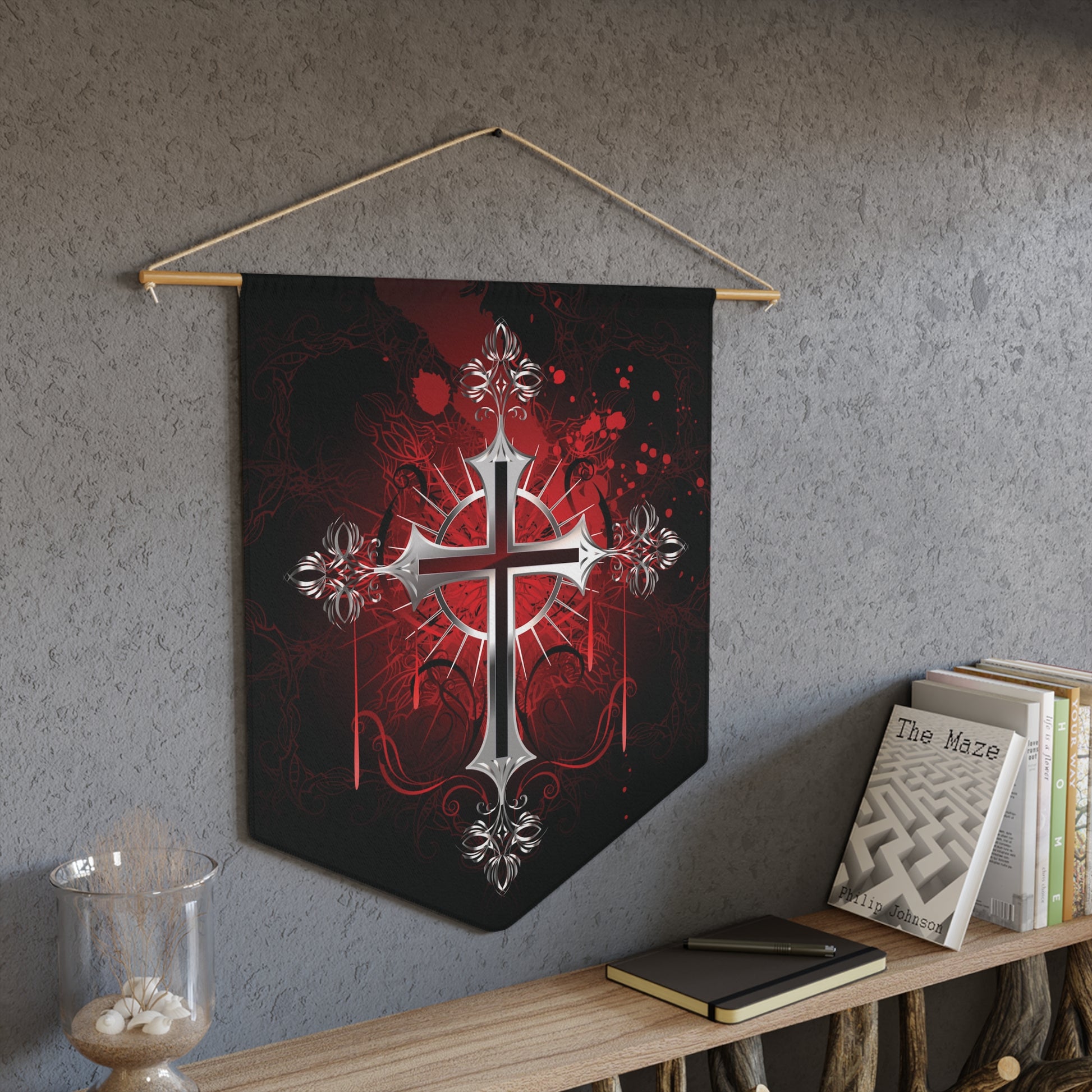Gothic Cross Pennant Wall Banner — Red & Black Religious Decor