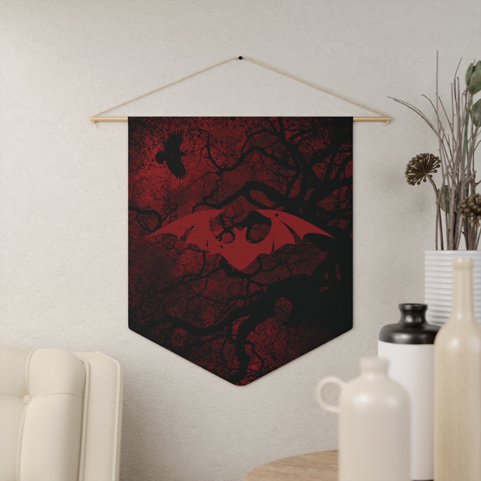 Gothic Bat Pennant Banner — Dark Red Forest Raven Wall Decor