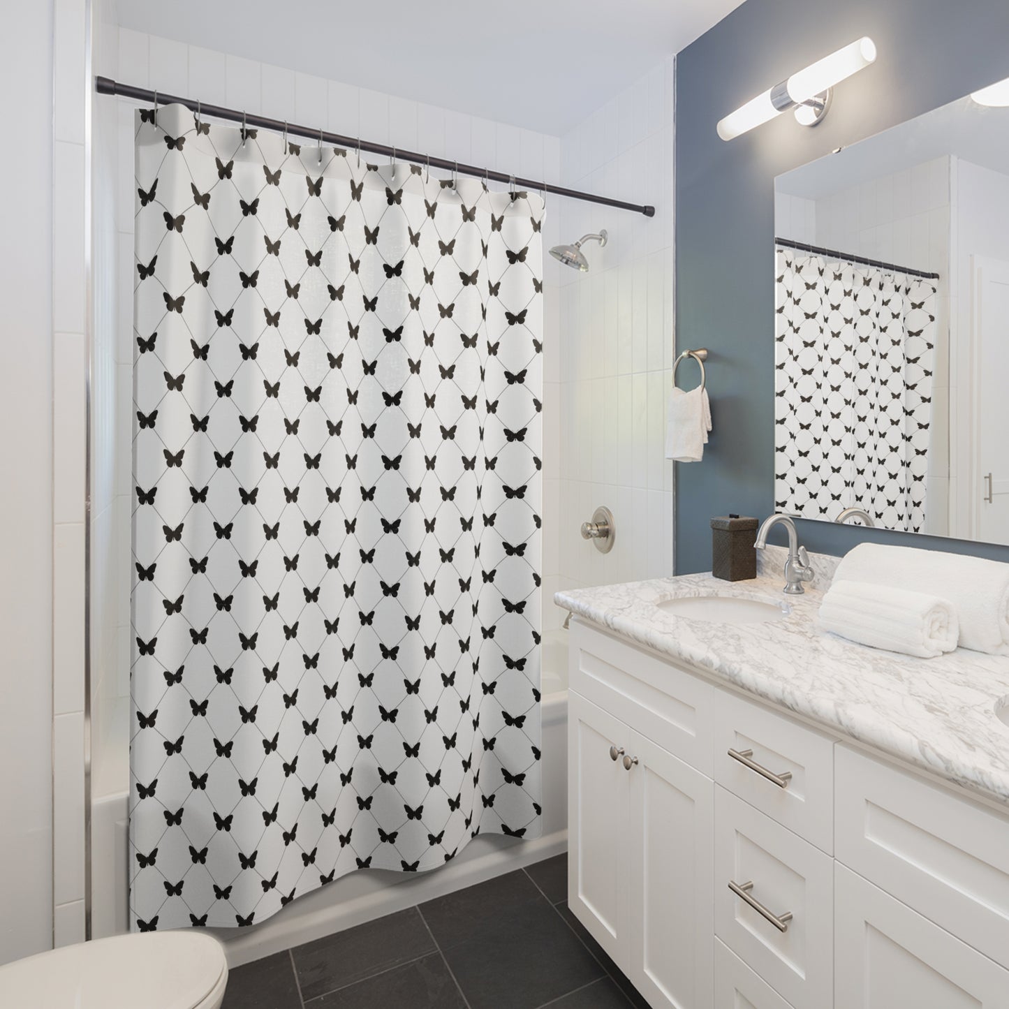 Butterfly Lattice Shower Curtain — Black & White Minimalist Bath Decor