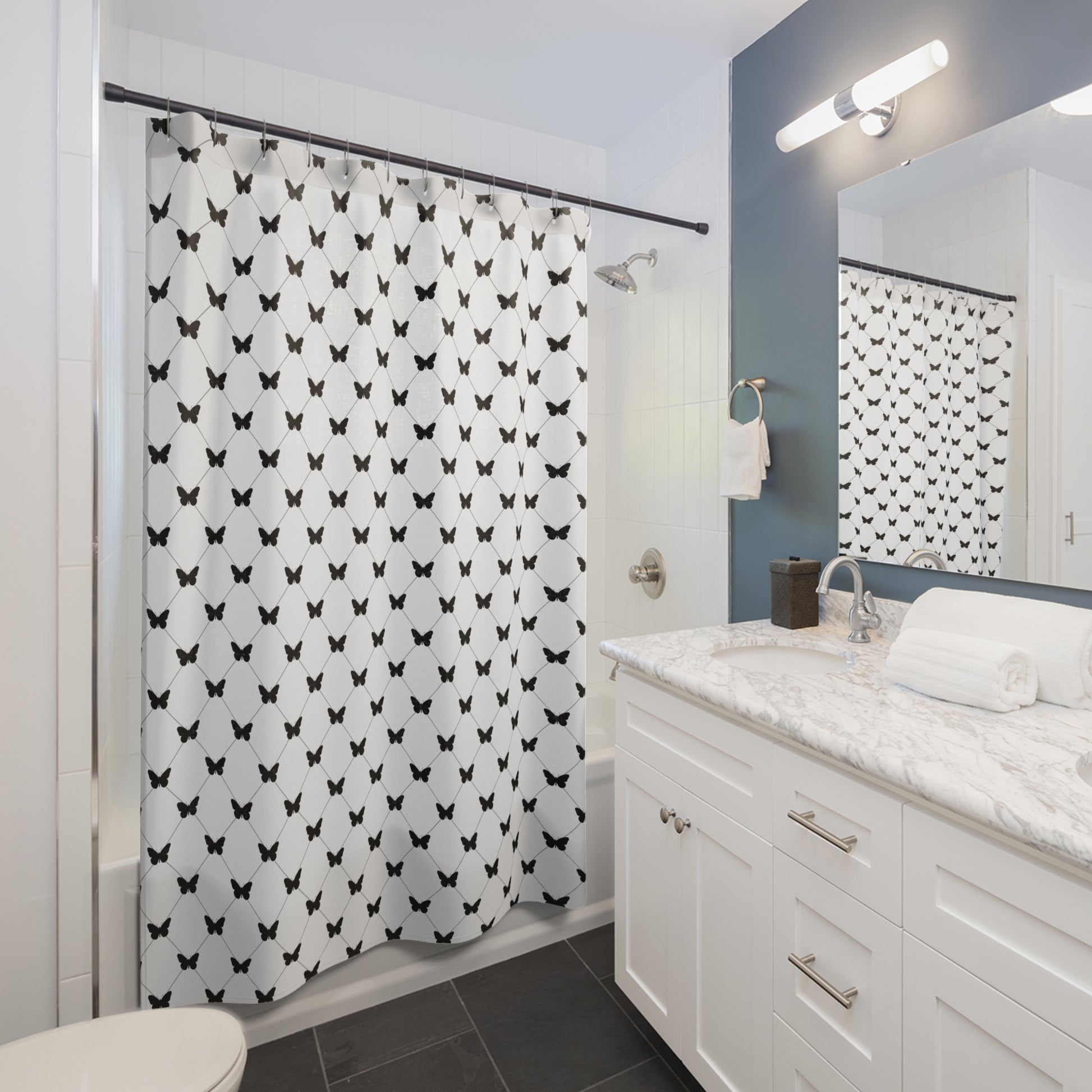 Butterfly Lattice Shower Curtain — Black & White Minimalist Bath Decor