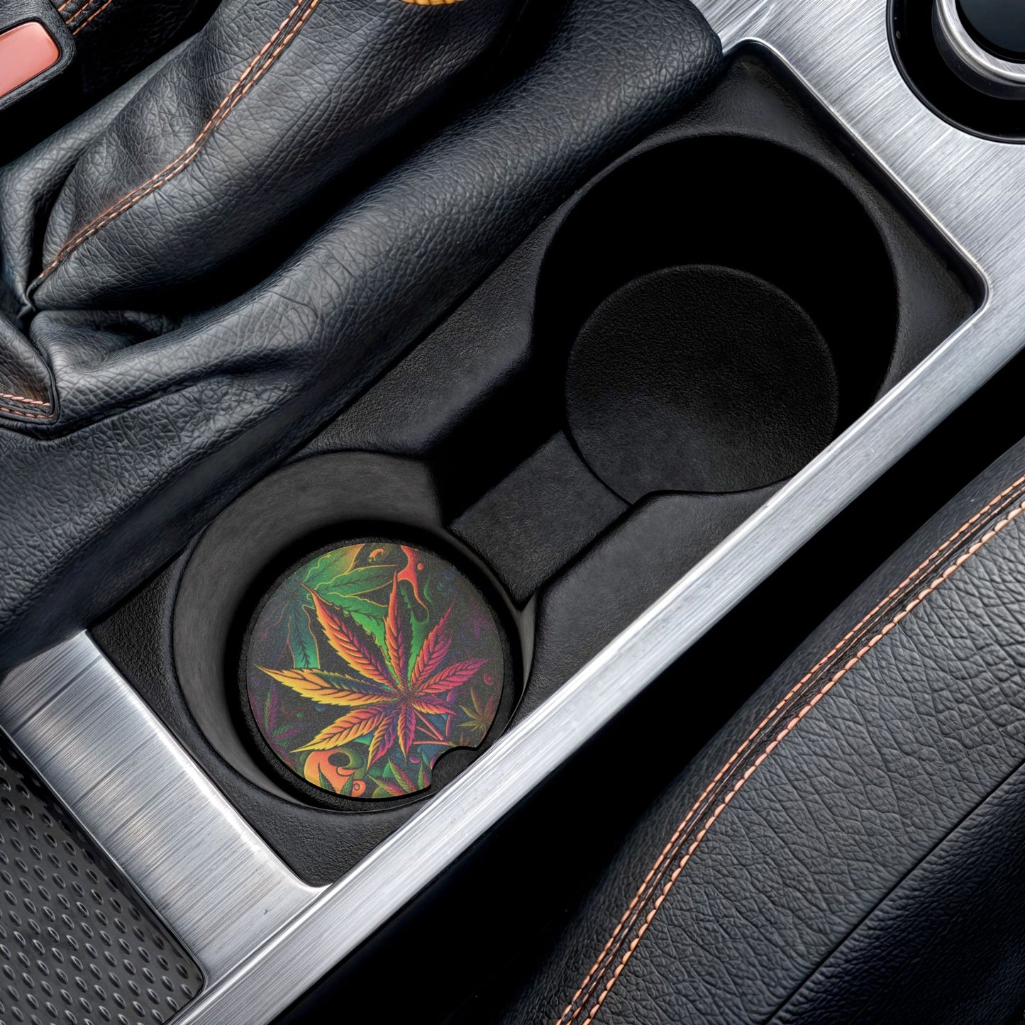 Psychedelic Cannabis Leaf Soapstone Car Coaster — Colorful Marijuana Travel Mug Insert