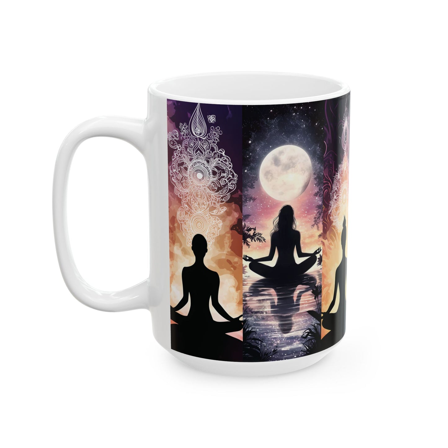 Meditation Moon Ceramic Mug — Yoga Silhouette, Spiritual & Mindfulness Coffee Cup (15oz)