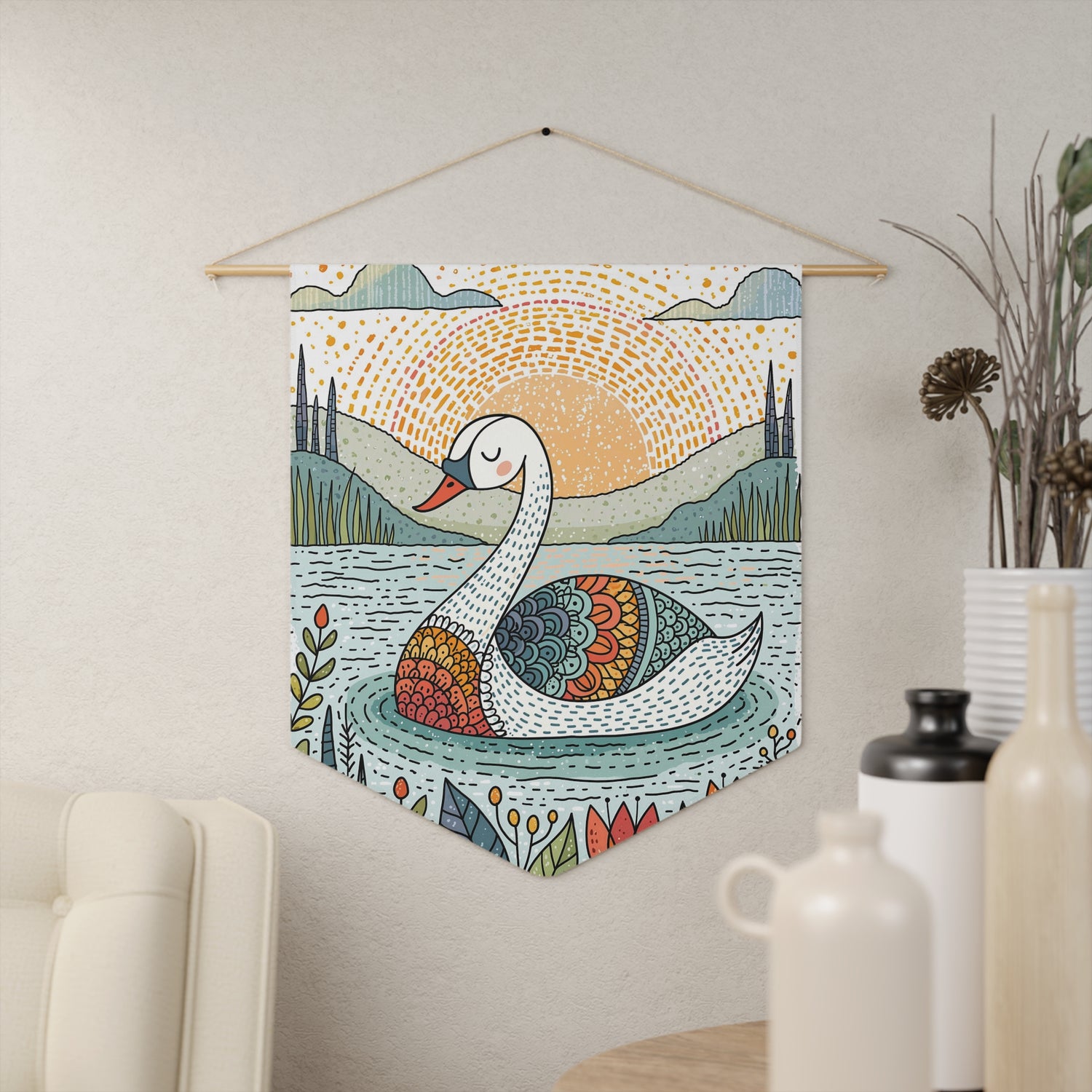 Swan Sunrise Pennant Wall Banner — Boho Folk Art Nursery Decor