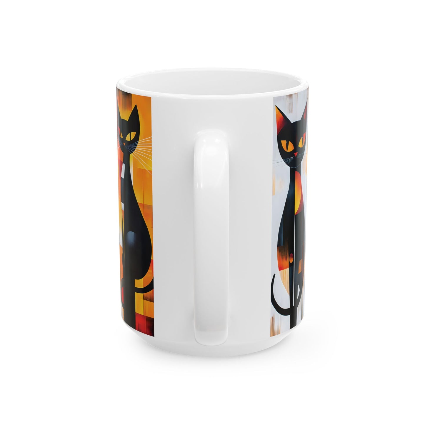 Colorful Artistic Cat Ceramic Mug (15oz) — Whimsical Geometric Feline Coffee Cup
