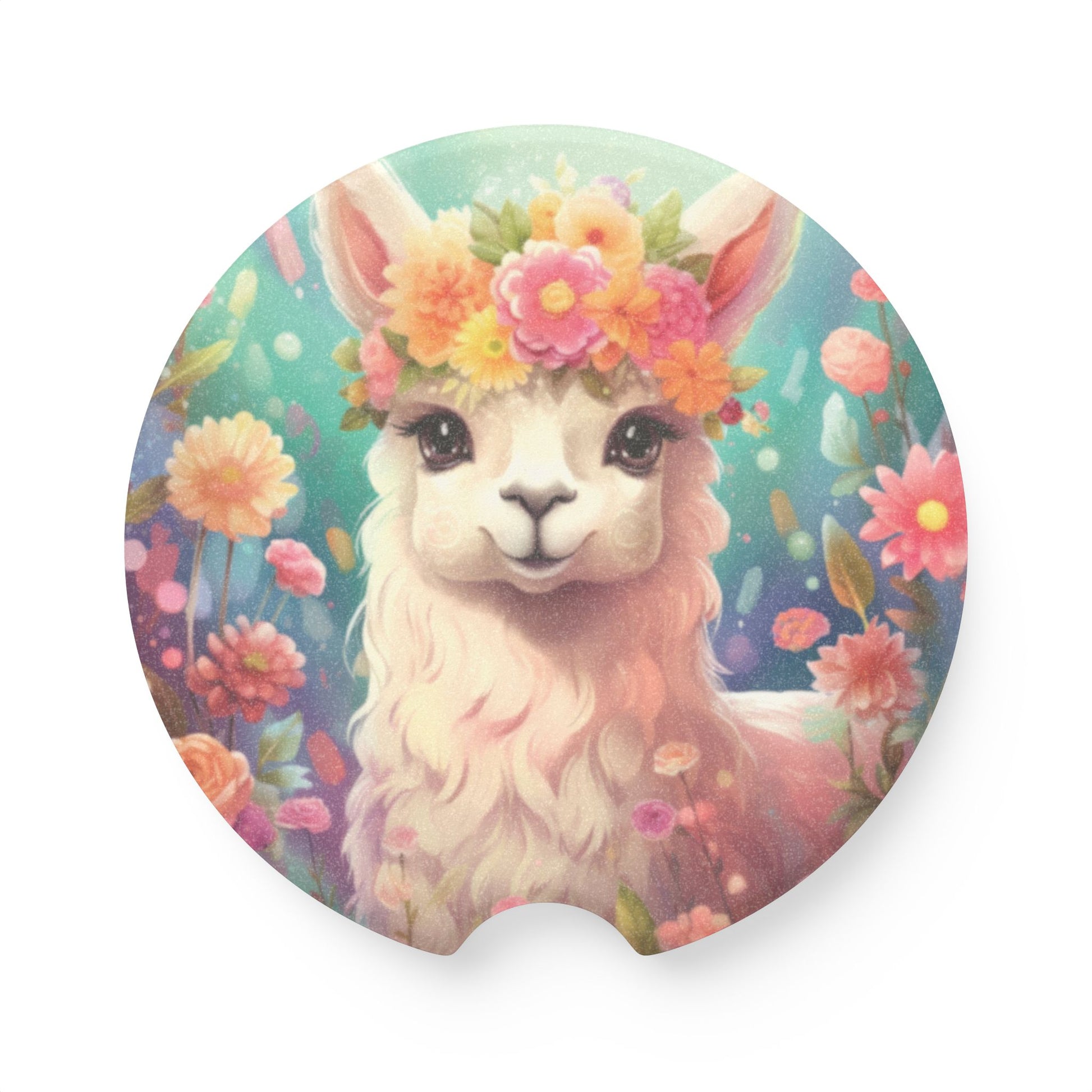 Cute Floral Llama Car Coaster — Soapstone Drink Coaster for Cupholders
