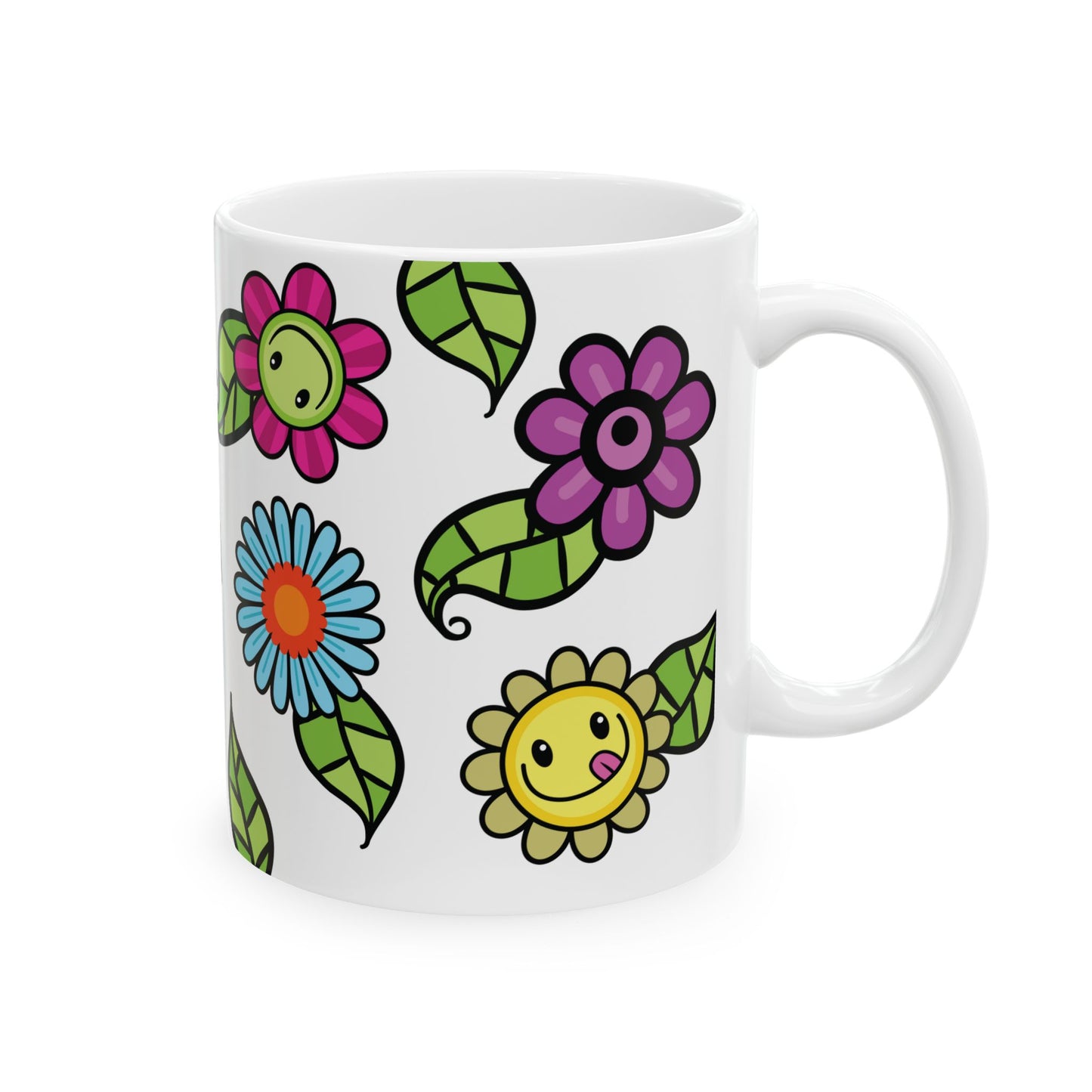 Happy Floral Ceramic Mug — Colorful Cartoon Flower Pattern (11oz )