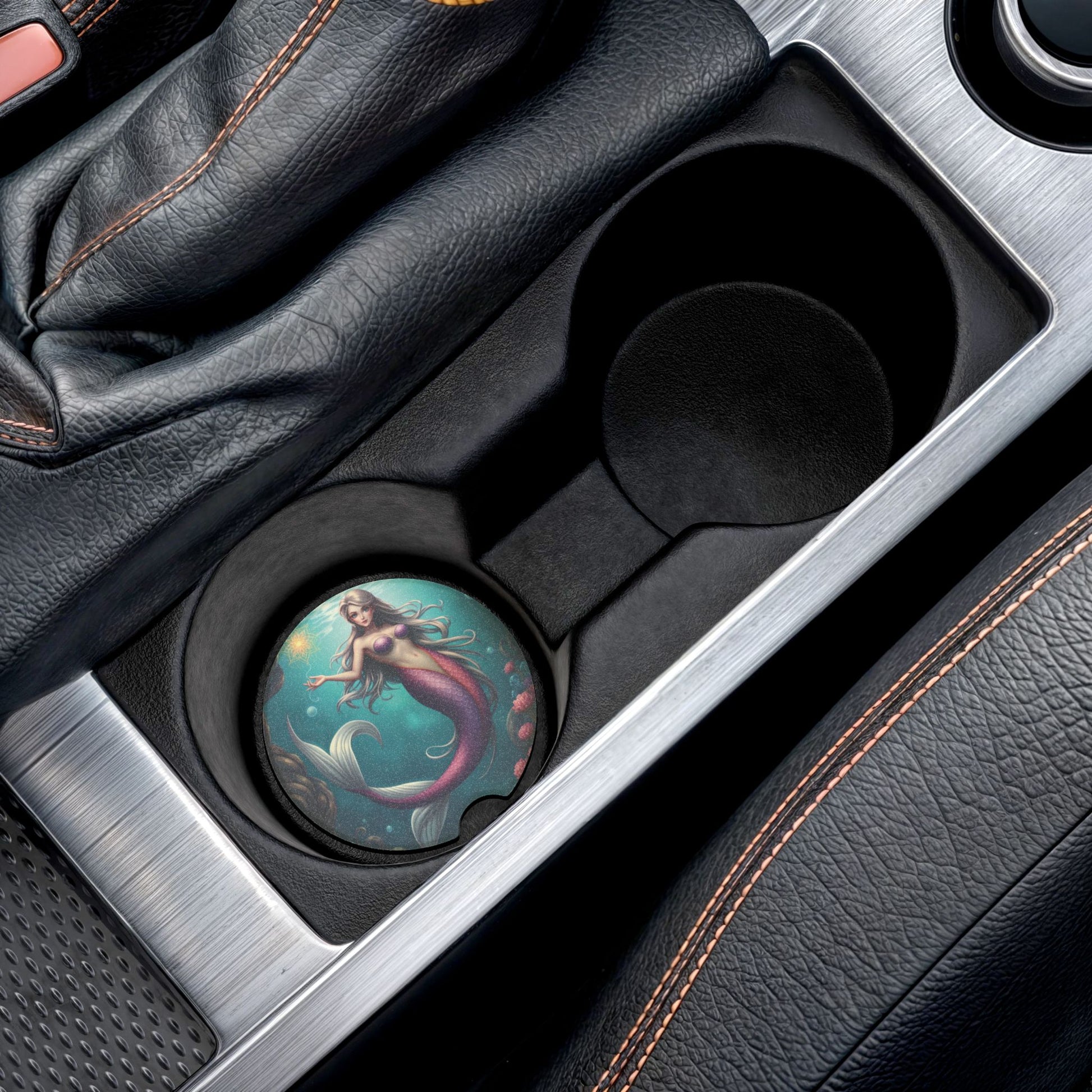 Mermaid Soapstone Car Coaster — Round Absorbent Cup Holder Insert