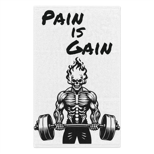 Workout Towel — "Pain Is Gain" Gym Weightlifting Skull Design (11x18)
