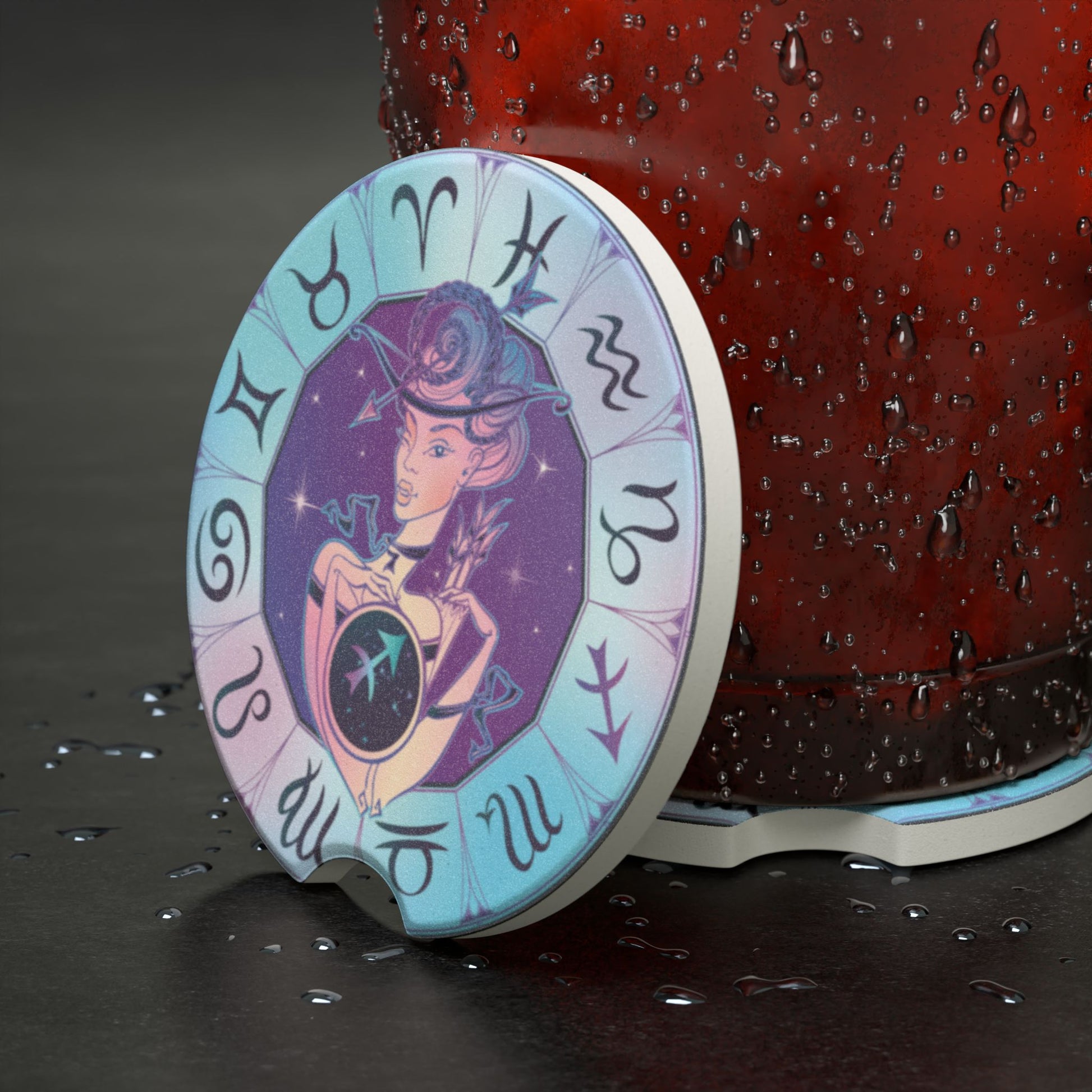 Sagittarius Soapstone Car Coaster — Zodiac Wheel with Cosmic Mystic Illustration