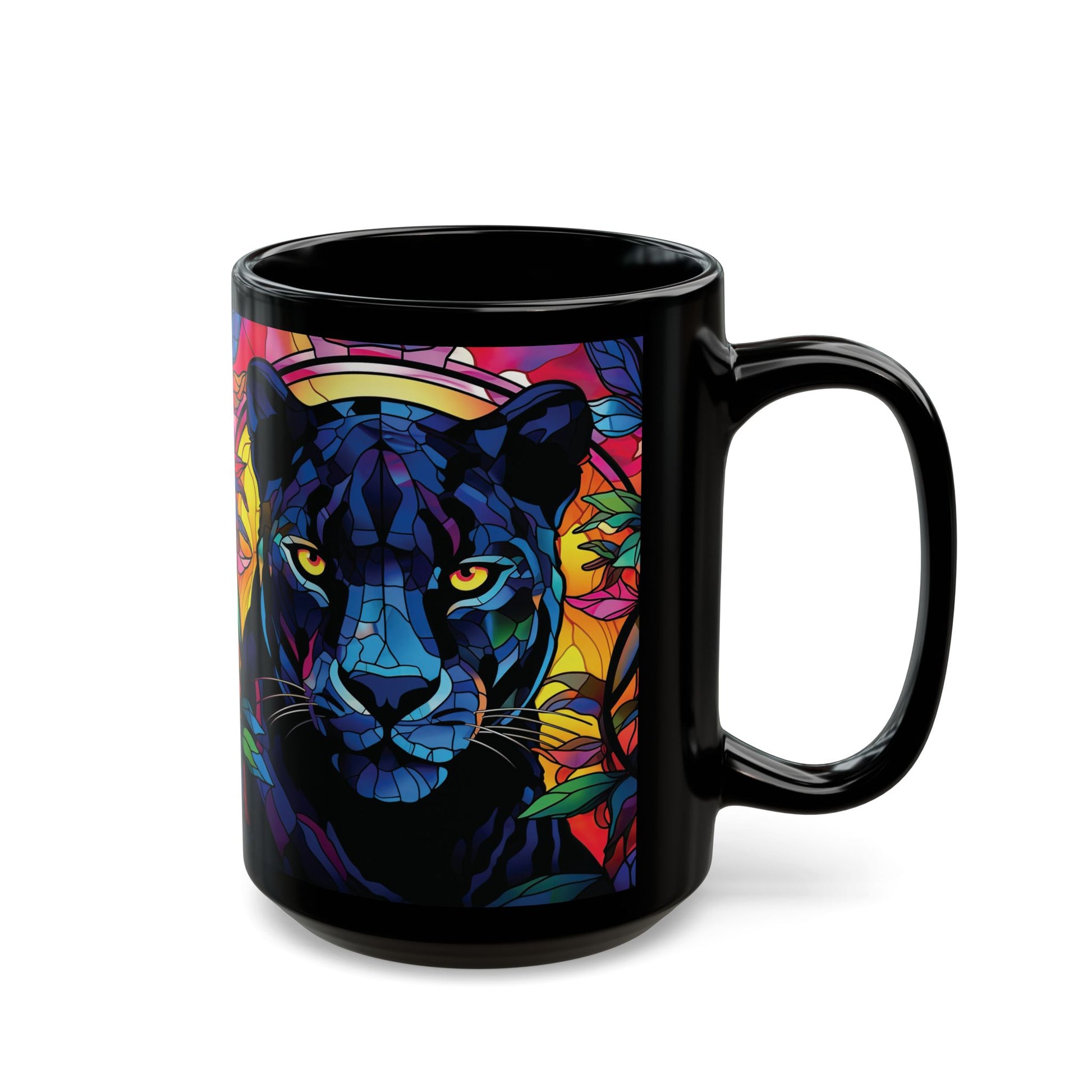 Black Panther Stained Glass Art Mug — Colorful Panther Coffee Cup (15oz)