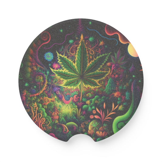 Psychedelic Cannabis Leaf Soapstone Car Coaster — Trippy Vehicle Drink Holder