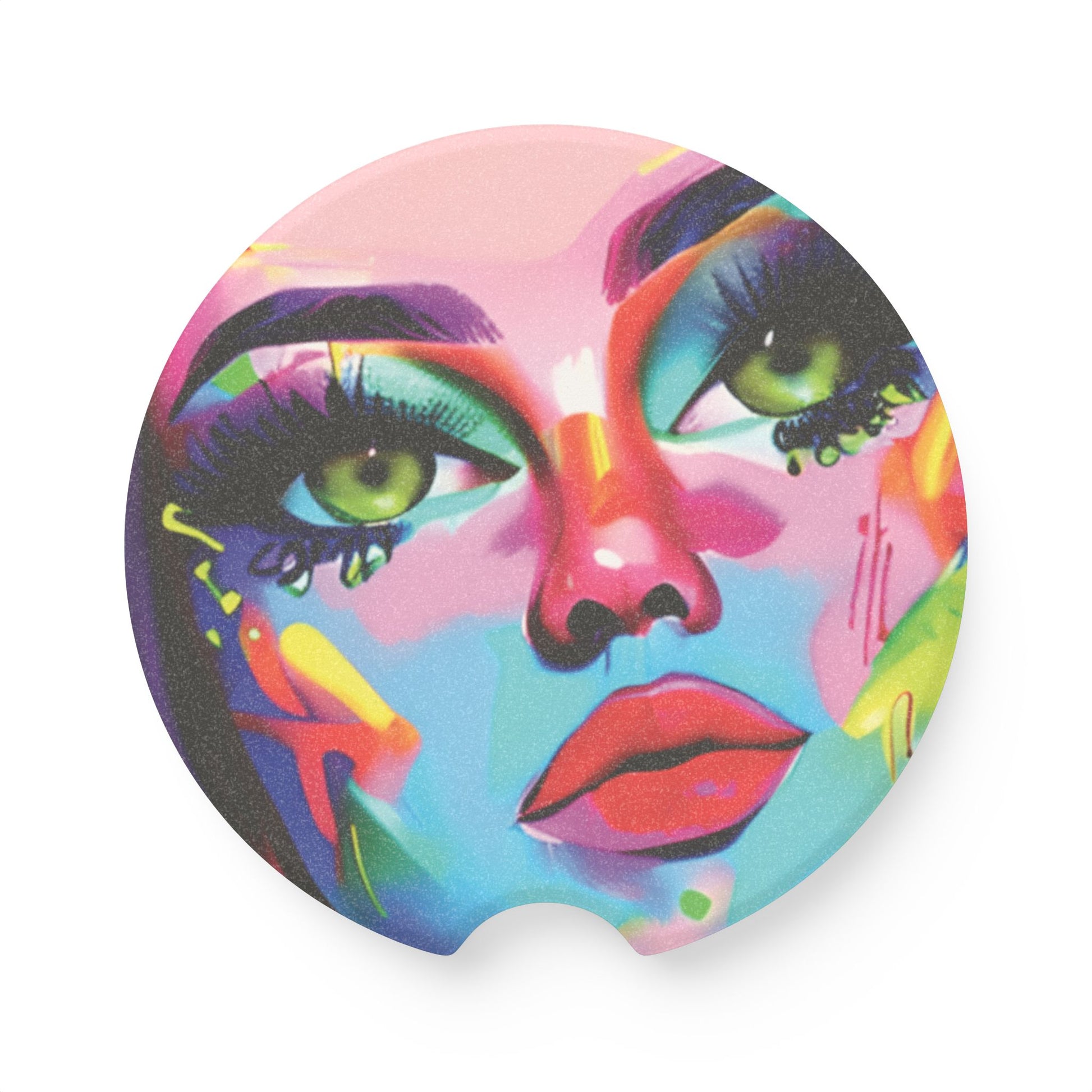 Colorful Abstract Face Soapstone Car Coaster — Vibrant Pop Art Cup Holder Insert