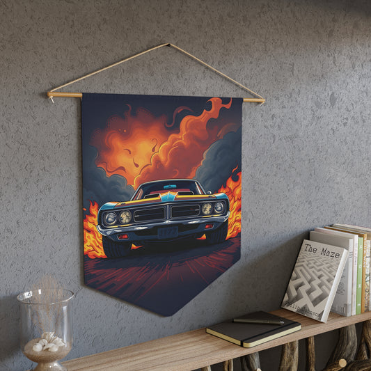 Vintage Muscle Car Pennant Wall Banner — Flaming Retro Roadster Decor
