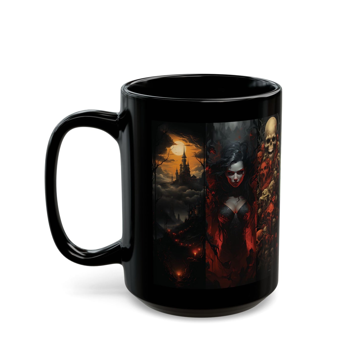 Gothic Horror Black Mug — Dark Castle, Skull & Reaper  (15oz)