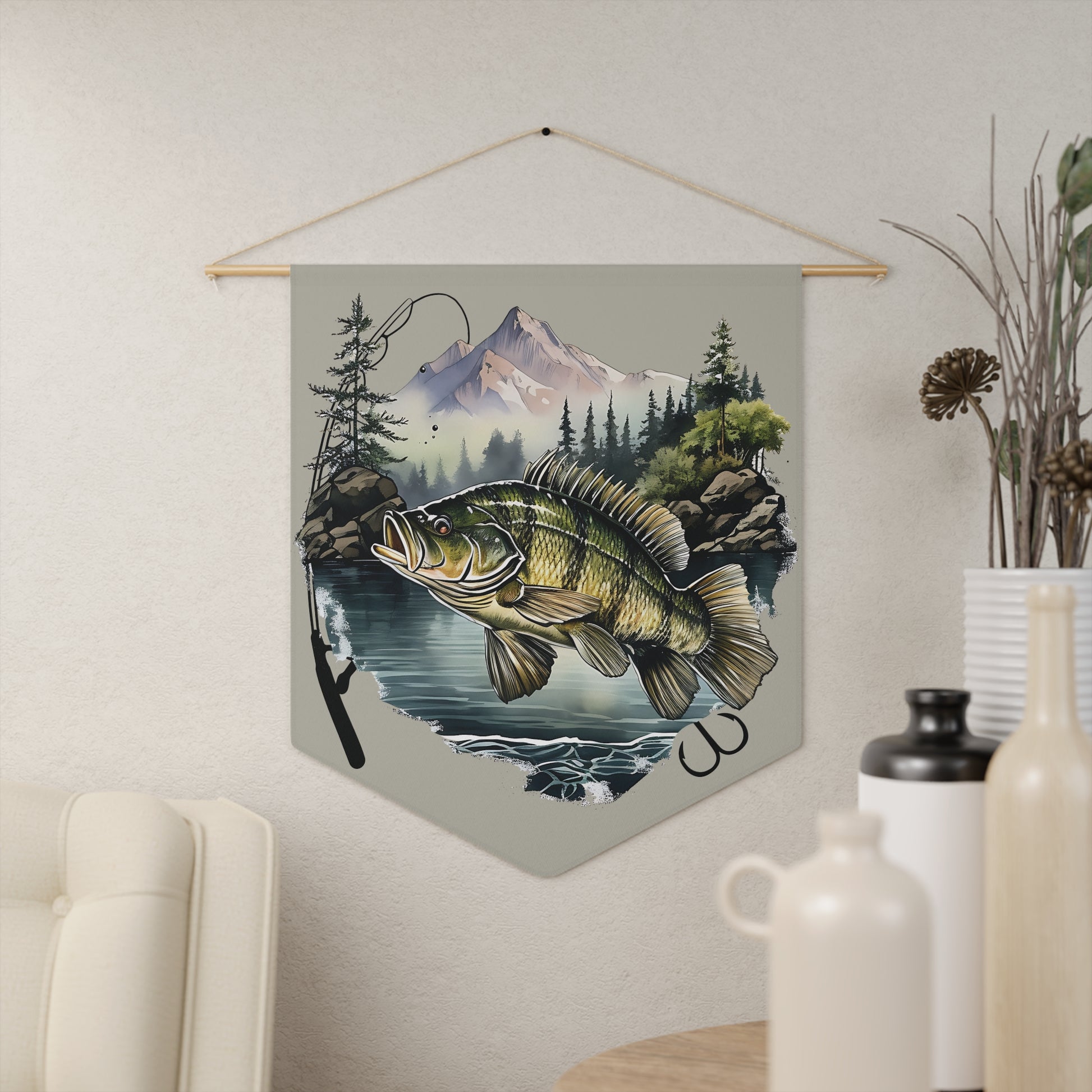 Fishing Pennant Wall Banner – Mountain Lake Bass Illustration