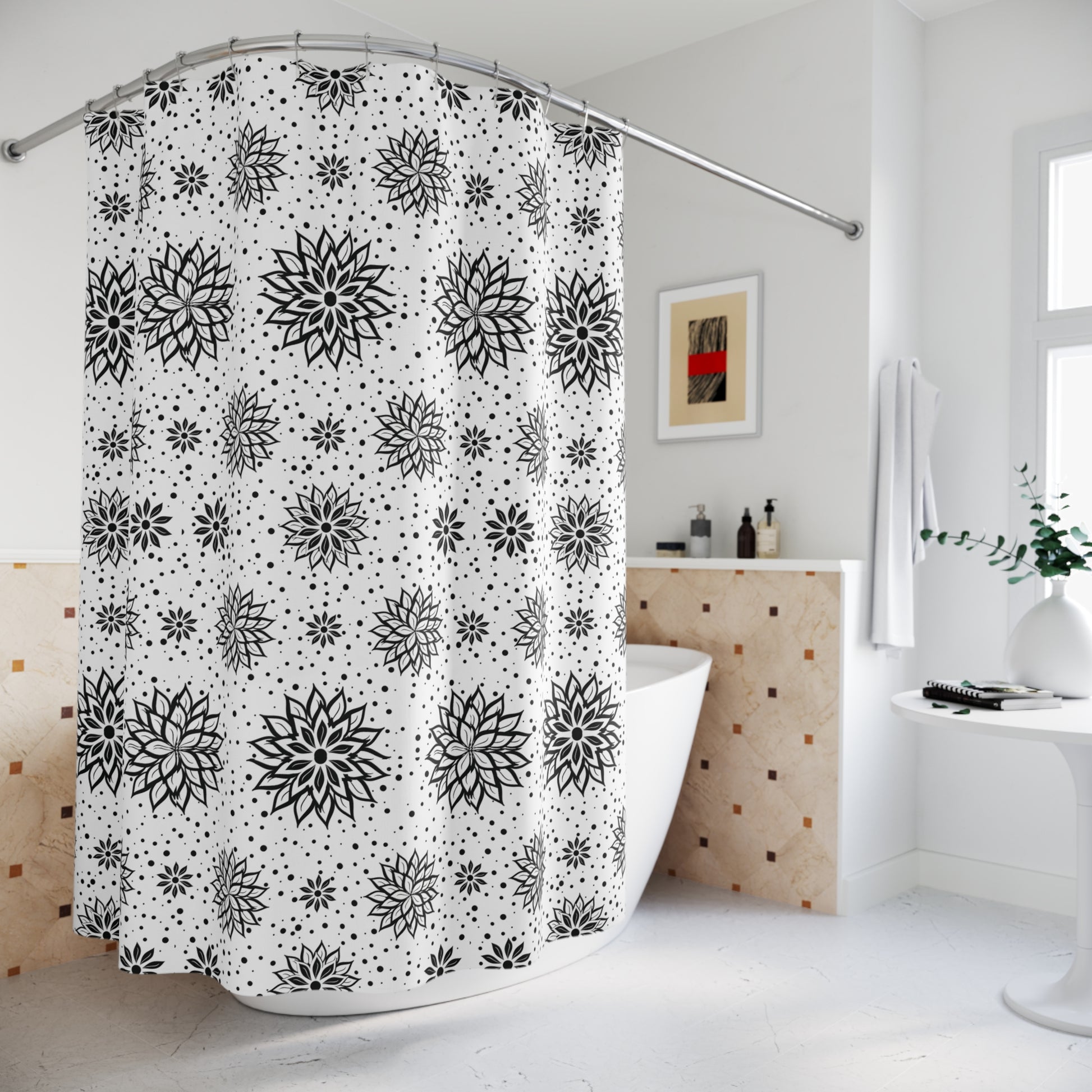 Black Floral Mandala Shower Curtain — Monochrome Boho Bathroom Decor