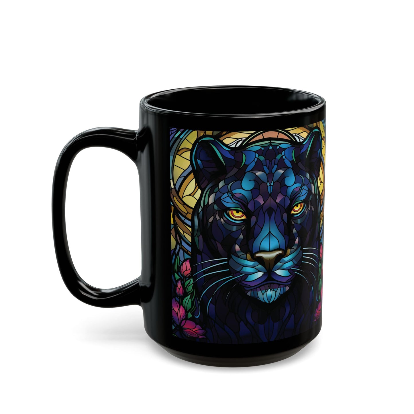 Black Panther Stained Glass Art Mug — Colorful Panther Coffee Cup (15oz)