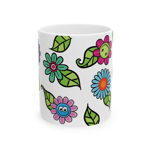 Happy Floral Ceramic Mug — Colorful Cartoon Flower Pattern (11oz )
