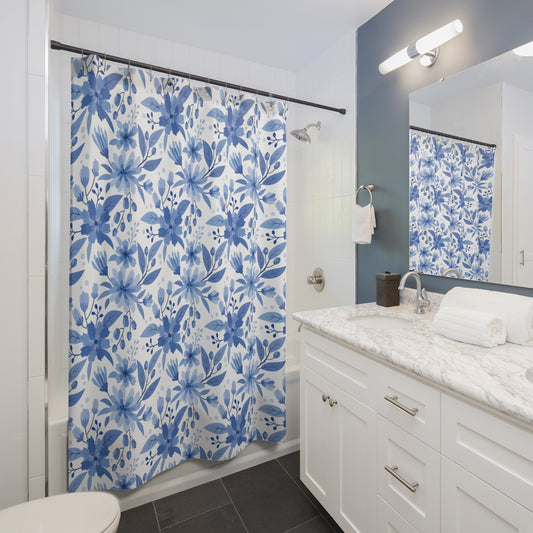 Blue Watercolor Floral Shower Curtain — Botanical Bathroom Decor