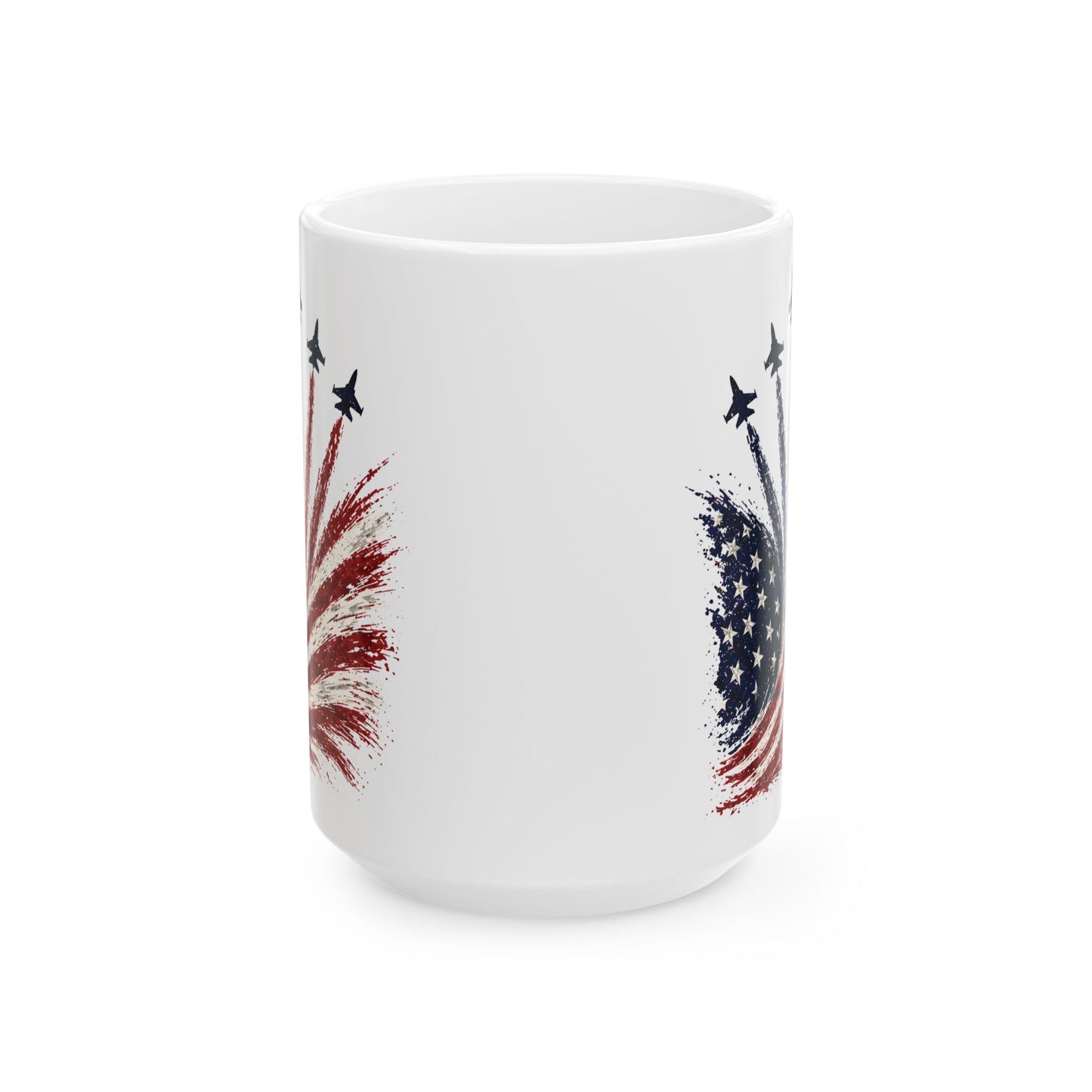 Patriotic Fighter jets Fireworks Mug – American Flag Explosion Coffee Cup (15oz)