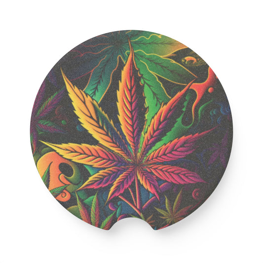 Psychedelic Cannabis Leaf Soapstone Car Coaster — Colorful Marijuana Travel Mug Insert