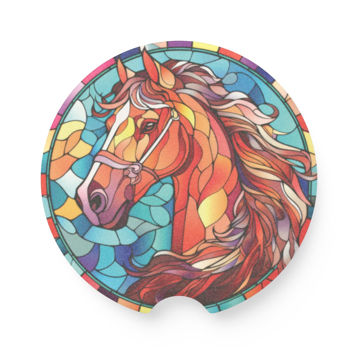 Stained Glass Horse Soapstone Car Coaster — Colorful Equestrian Drink Coaster