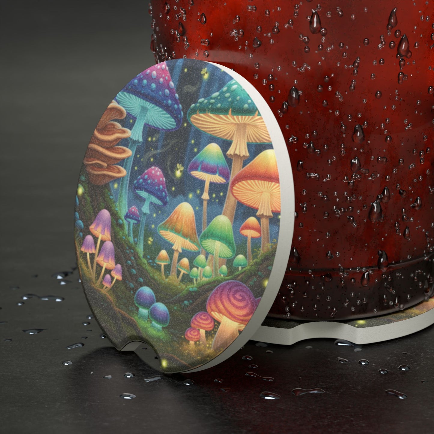 Enchanted Mushroom Forest Soapstone Car Coaster — Colorful Psychedelic Fungi Cup Holder Insert