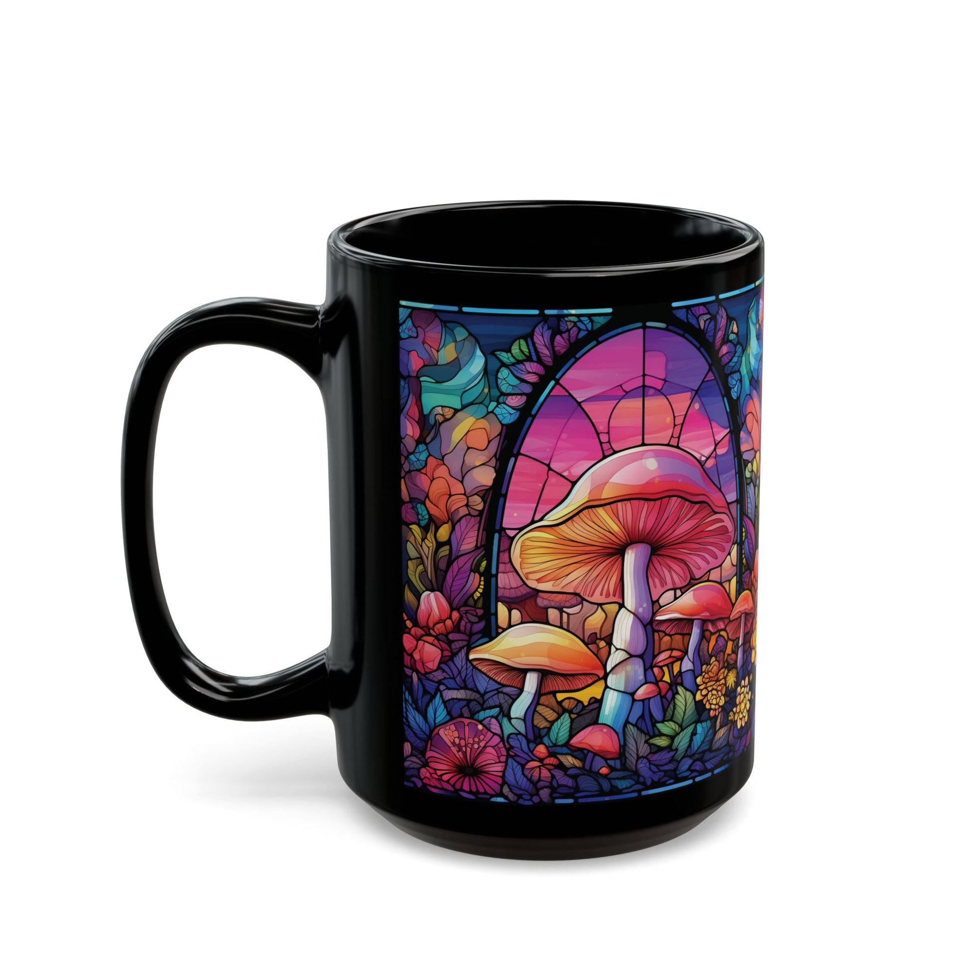Stained Glass Mushroom Black Mug – Psychedelic Fungi Coffee Cup (15oz)